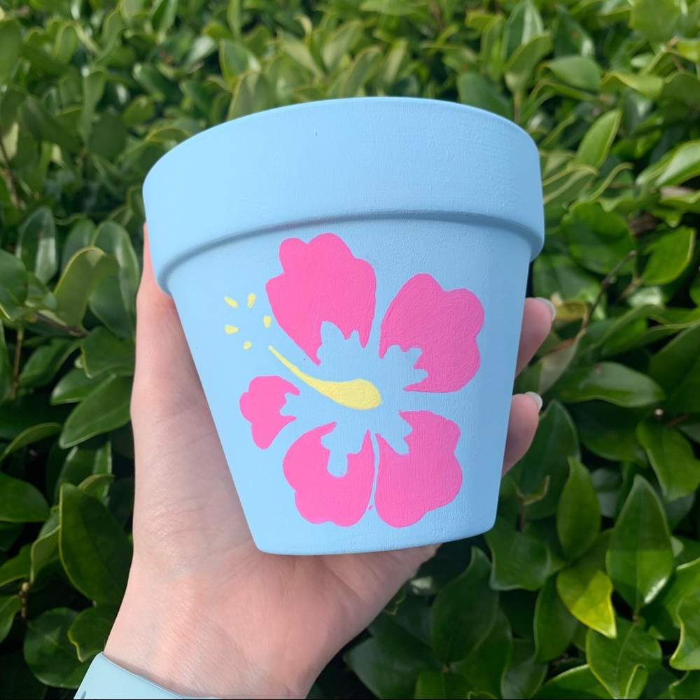 NEW! Hand Painted Terracotta Pot Matte // Blue w/ Pink Hawaiian Tropical Flower